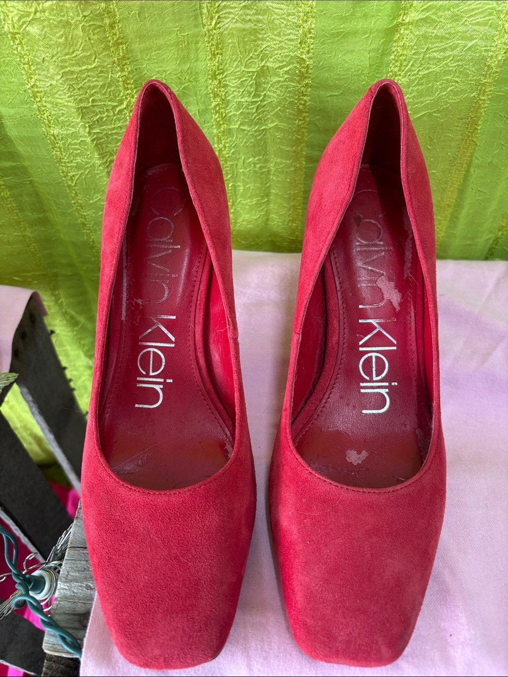 Calvin Klein Red Suede Square-Toe Pumps